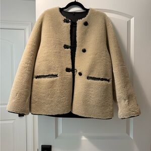 Mango Cream Teddy Jacket with Black Accents
